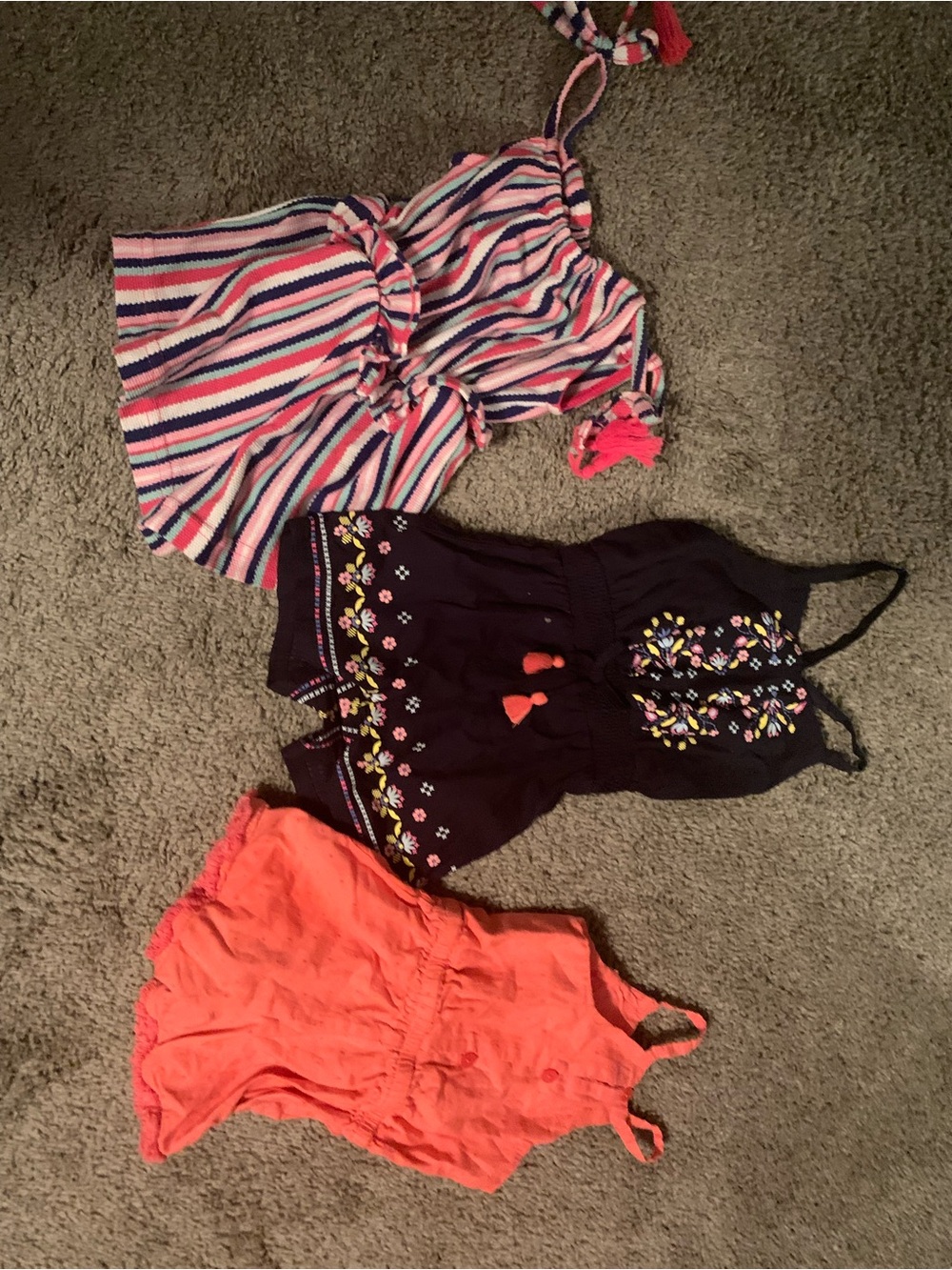 Girls 3-Pack Summer Romper Set - Striped, Navy Embroidered, Coral